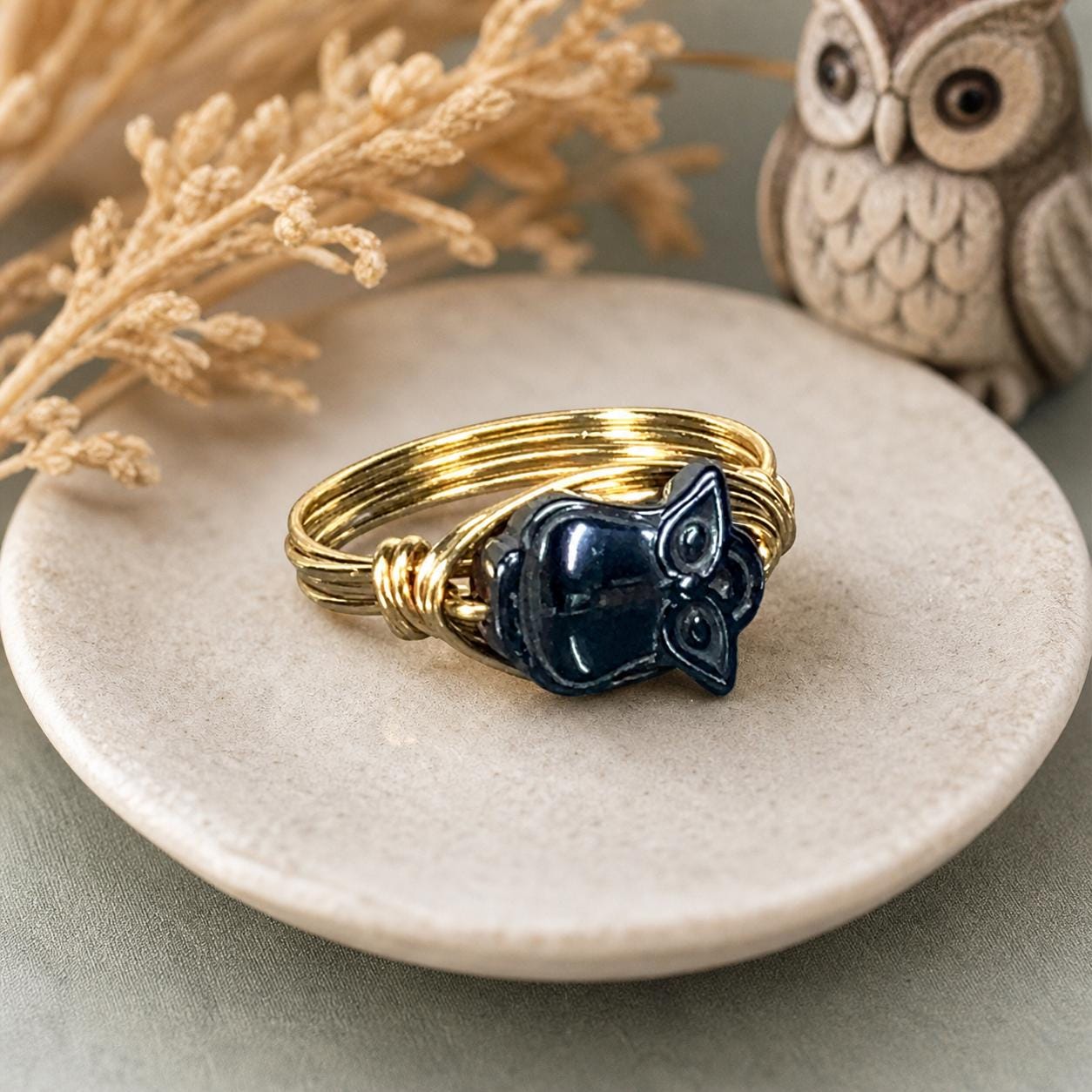 Carved Hematite Owl Ring: Wire Wrapped- Sterling Silver or Gold Filled - Custom Size