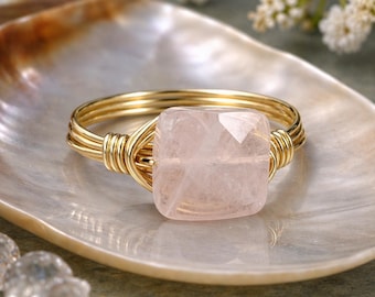 Rose Quartz Ring: Sterling Silver or Gold Filled Wire Wrapped Pink Square Faceted Gemstone - Custom Size