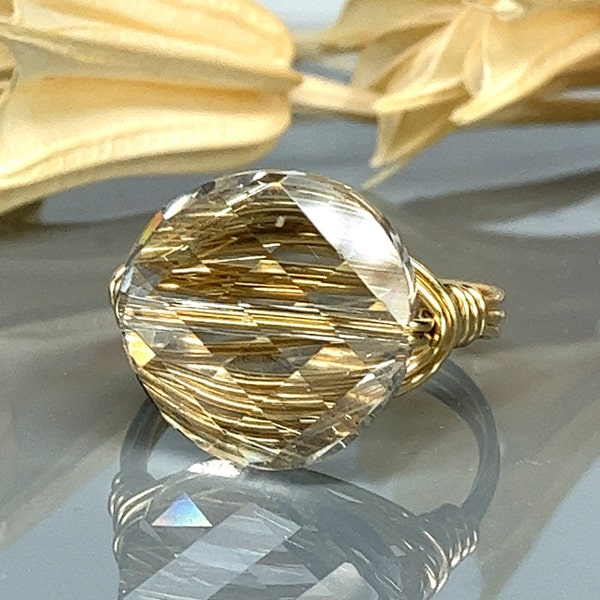 Champagne Round Twist Swarovski Crystal Ring- Sterling Silver, Yellow or Rose Gold Filled Wire Wrapped- Size 4 5 6 7 8 9 10 11 12 13 14