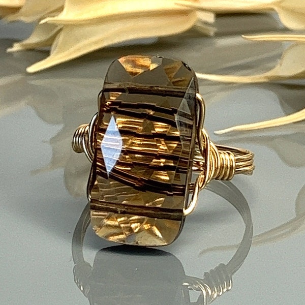 Faceted Smoky Quartz Statement Ring-Sterling Silver, 14k Yellow or Rose Gold Filled Wire Wrapped Ring - Custom Size (full, .25, .5, .75)