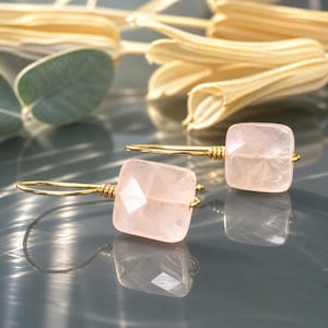 Rose Quartz Earrings: Sterling Silver, Yellow or Rose Gold Filled Wire Wrapped Dangles - Square Faceted Pink Gemstones