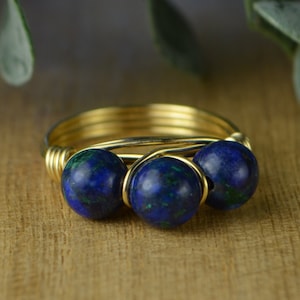 Azurite Ring- Sterling Silver, Yellow, or Rose Gold Filled Wire Wrap Ring with Three Gemstones- Size 4 5 6 7 8 9 10 11 12 13 14