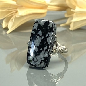 Snowflake Obsidian Statement Ring-Sterling Silver, 14k Yellow or Rose Gold Filled Wire Wrapped Ring - Custom Size (full, .25, .5, .75)