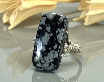 Snowflake Obsidian Statement Ring-Sterling Silver, 14k Yellow or Rose Gold Filled Wire Wrapped Ring - Custom Size (full, .25, .5, .75)