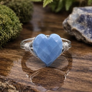 Blue Opal Heart Ring: Wire Wrapped, Sterling Silver or Gold Filled - Custom Size