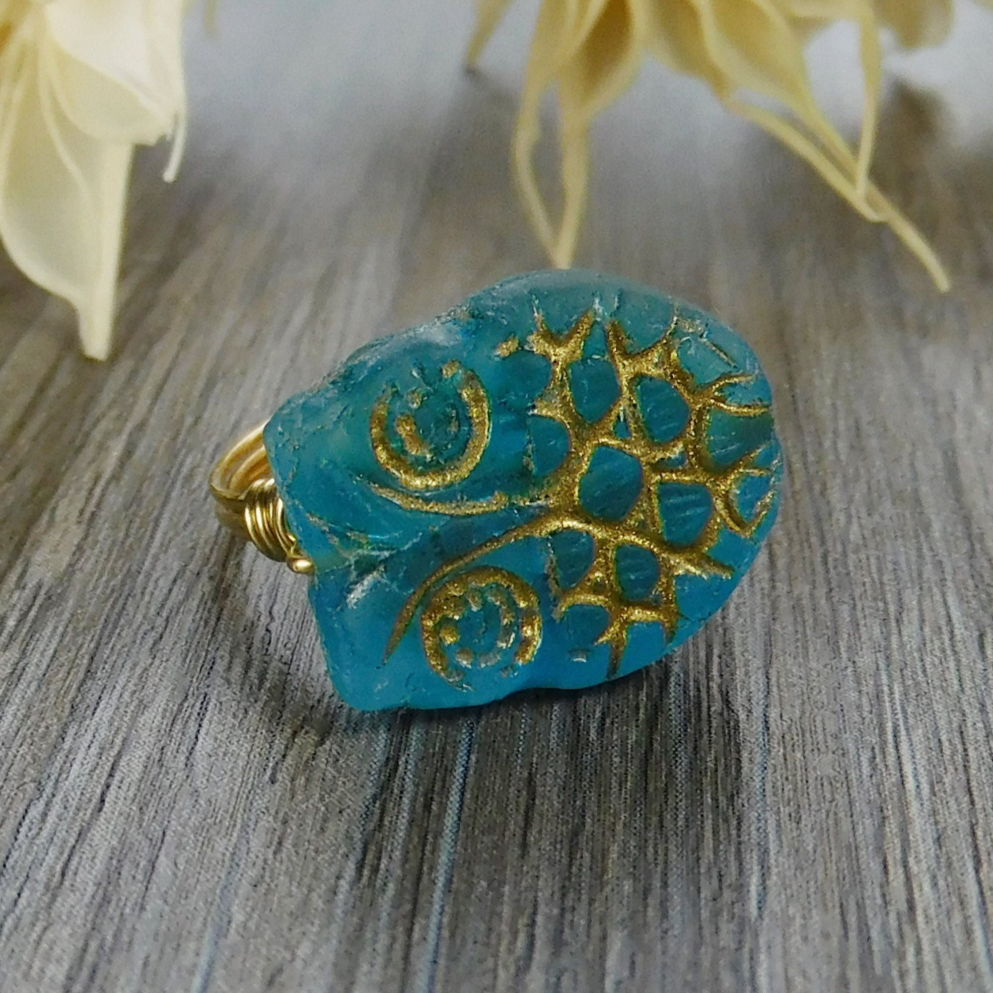 Blue & Gold Owl Ring: Wire Wrapped Czech Glass Bead - Silver or Gold Filled- Custom Size
