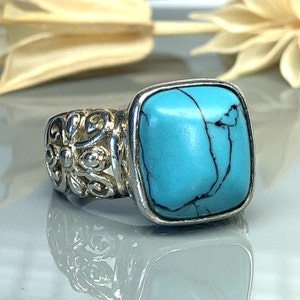 Large Smooth Rectangular Turquoise Howlite Gemstone Sterling Silver Ring- Vintage-  Size 6.75