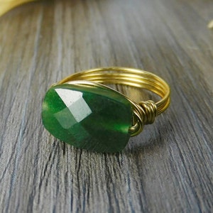 Faceted Jade Gemstone Oval Ring - Sterling Silver, Yellow or Rose Gold Filled Wire Wrapped - Size 4 5 6 7 8 9 10 11 12 13 14 1/4 1/2 3/4
