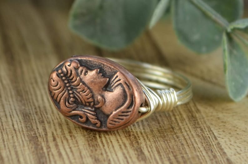 Cameo Ring 14k Yellow or Gold Filled Wire Wrapped Ring with Copper Tone Oval Metal Bead Size 4 5 6 7 8 9 10 11 12 13 14 Sterling Silver