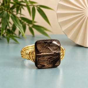 Smoky Quartz Ring: Sterling Silver or Gold Filled Wire Wrapped Square Brown Gemstone - Custom Size