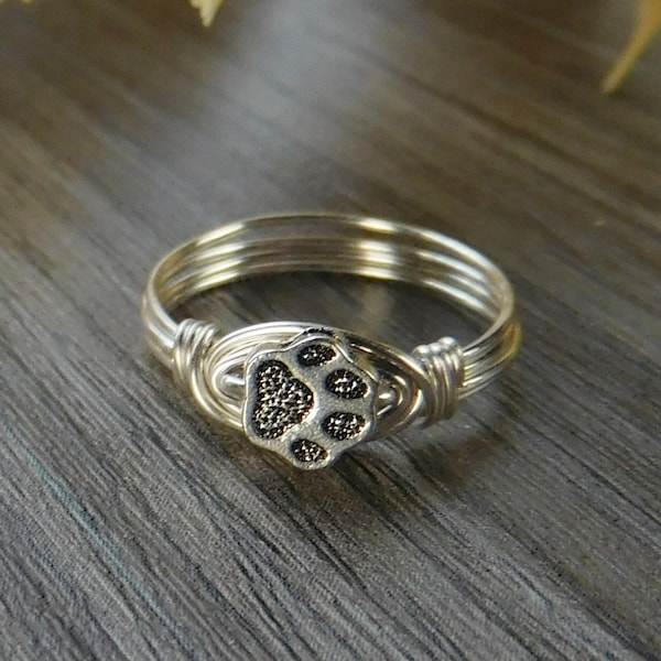 Paw Print Ring- Personalized Sterling Silver, 14k Yellow or Rose Gold Filled Band with Pewter Bead- Custom Size (full, .25, .5, .75)