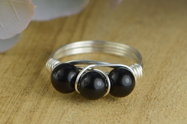 or Rose Gold Filled Wire Wrap Ring with Three Gemstones Black Jasper Ring Sterling Silver Size 4 5 6 7 8 9 10 11 12 13 14 Yellow