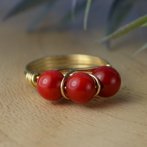 Red Coral Ring- Sterling Silver, Yellow, or Rose Gold Filled Wire Wrap Ring with Three Gemstones- Size 4 5 6 7 8 9 10 11 12 13 14