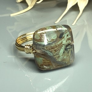 Green and Brown Agate Ring-Sterling Silver, 14k Yellow or Rose Gold Filled Wire Wrapped Ring - Any Size 4 5 6 7 8 9 10 11 12 13 14