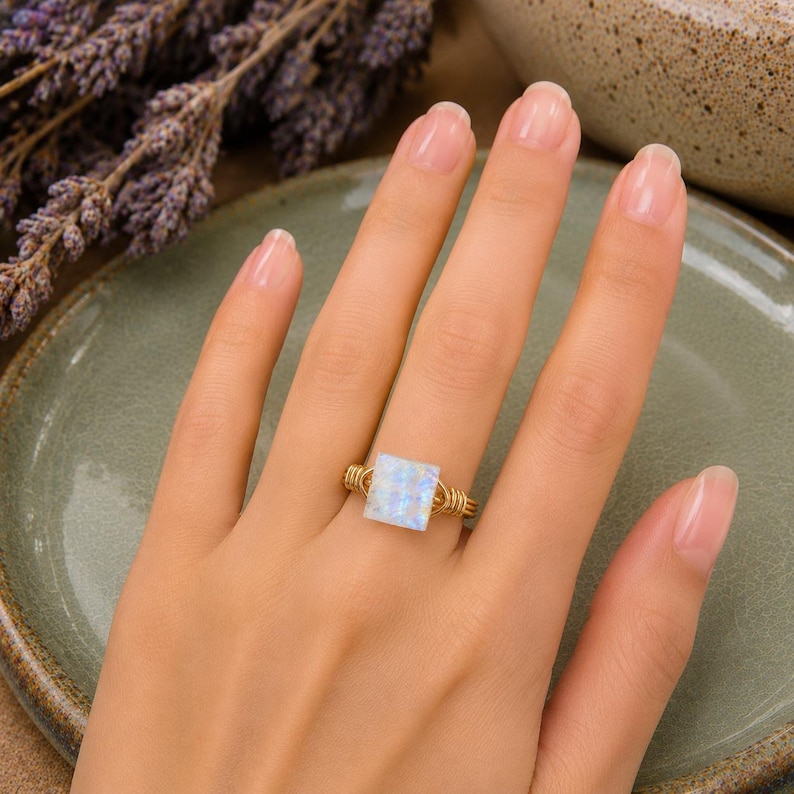 Rainbow Moonstone Ring: Sterling Silver or Gold Filled Wire Wrapped Square Faceted Gemstone - Custom Size image 4