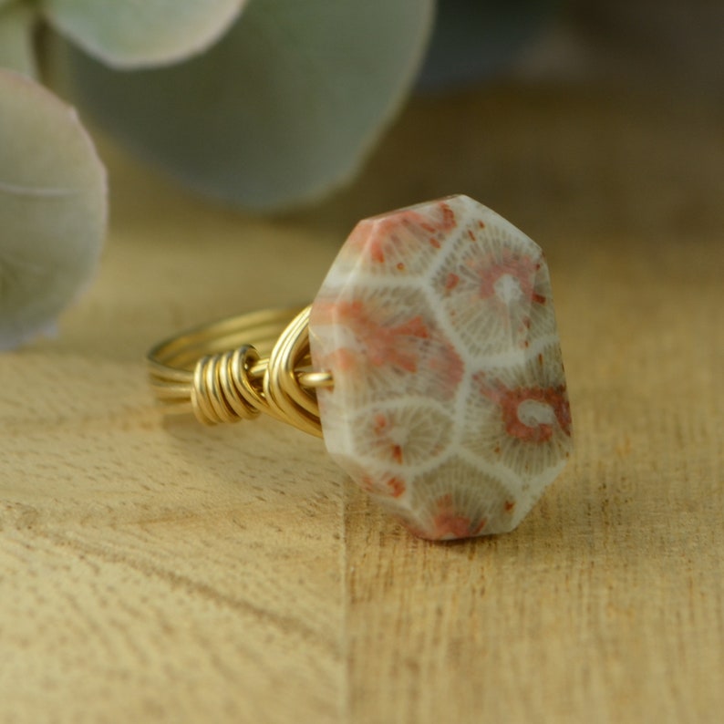 Yellow or Rose Gold Filled Wire Wrapped Gemstone Ring Size 4 5 6 7 8 9 10 11 12 13 14 Pink Fossil Coral Ring- Sterling Silver
