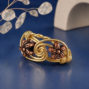 Two Tone Flower Ring: Sterling Silver or Gold Filled Wire Wrapped Copper Tone Beads - Custom Size