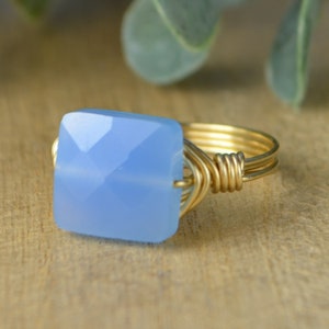 Blue Onyx Faceted Square Gemstone Ring - Wire Wrapped in Sterling Silver or Gold Filled - Custom Sizes 4-14