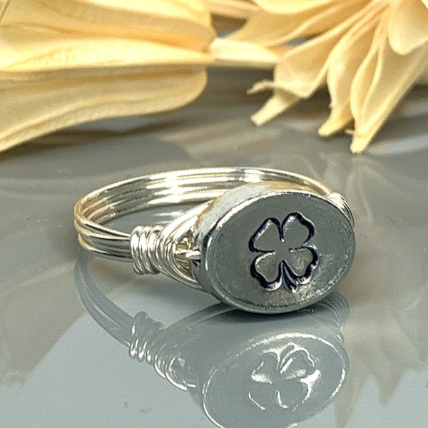 Lucky Four Leaf Clover Ring with Pewter Bead - Choose Gold or Silver Band- Made to Custom Size