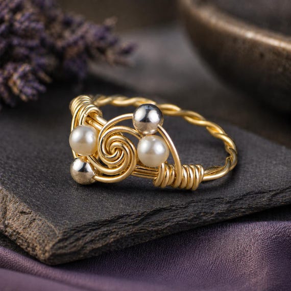 Pearl Swirl Ring: Sterling Silver or Gold Filled Wire Wrapped Ring with Swarovski Crystal Pearls - Custom Size