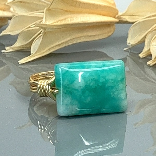 Green and White Rectangle Jade Ring - Sterling Silver, Yellow or Rose Gold Filled Wire Wrapped-Size 4 5 6 7 8 9 10 11 12 13 14