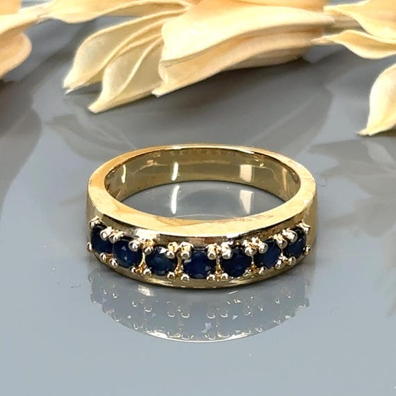 Sapphire Gemstones and Gold Plated Sterling Silver Band- Blue Gemstone Ring - Pre-Owned - Size 8.25