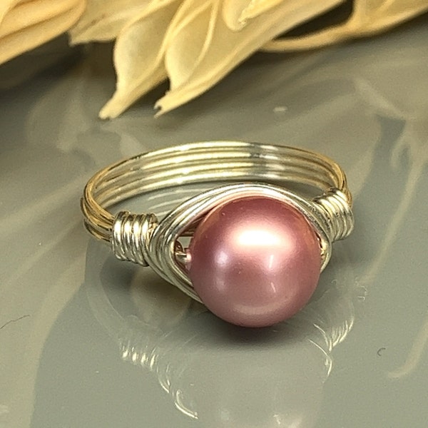 Rose Pink Swarovski Crystal Pearl Wrap Ring - Sterling Silver, 14k Yellow or Rose Gold Filled Wire -Custom Size (full, .25, .5, .75)