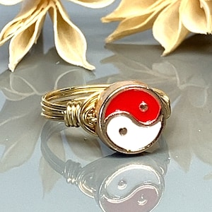 Red Yin Yang Wrap Ring- Sterling Silver, Yellow or Rose Gold Filled Wire & Gold Tone Zinc Alloy Bead -Size 4 5 6 7 8 9 10 11 12 13 14