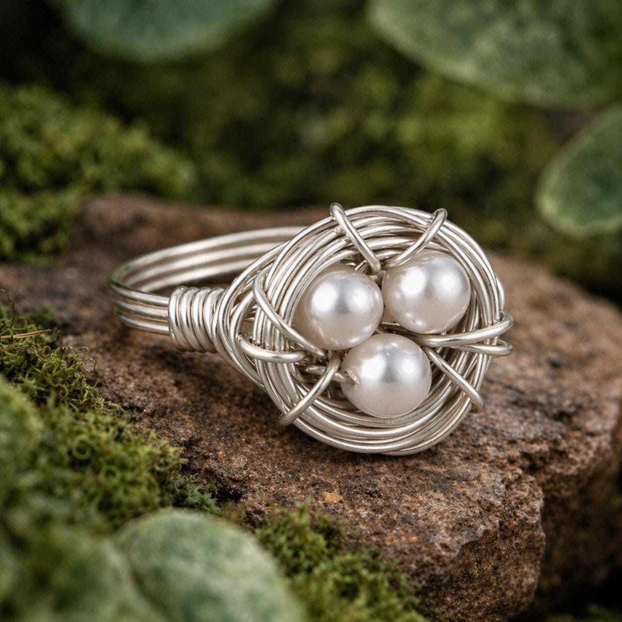 White Pearl Birds Nest Ring: Sterling Silver or Gold Filled Wire