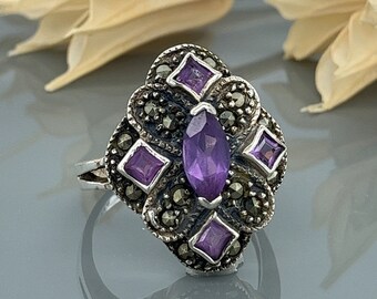 Marquise Amethyst and Marcasite Sterling Silver Ring- Size 6.25- Vintage