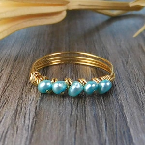 Tiny Stacking Pearl Ring-  Sterling Silver, Yellow or Rose Gold Filled Wire Wrapped Blue Freshwater Pearls -Size 4 5 6 7 8 9 10 11 12 13 14