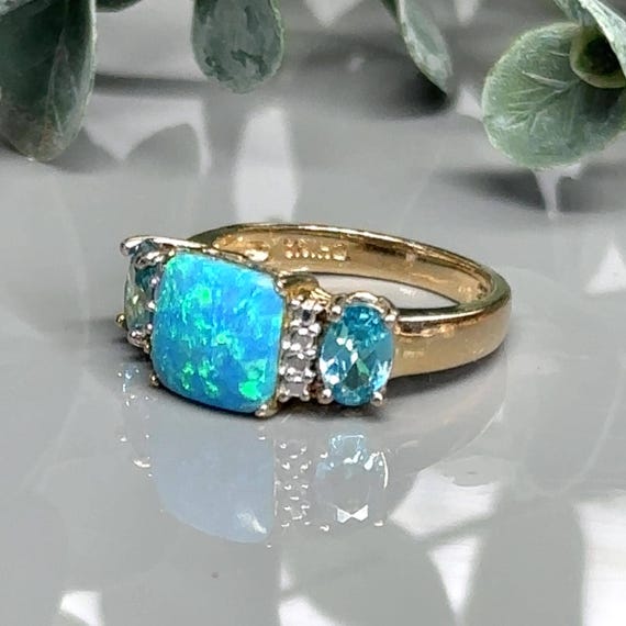 Square Blue Opal Ring: Gold Plated Sterling Silve… - image 3