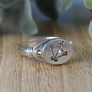 Sagittarius Zodiac Symbol Ring - Sterling Silver, 14k Yellow or Rose Gold Wire Wrapped-Handmade to Custom Size (full, .25, .5, .75)
