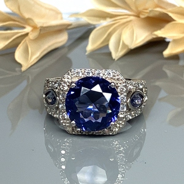 Large Round Tanzanite Color Glass and Sterling Silver Cocktail Ring- Size 8 - 6.96g