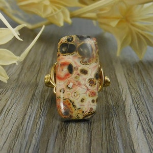 Pink Leopardskin Jasper Statement Ring-Sterling Silver, 14k Yellow or Rose Gold Filled Wire Wrapped -Any Size 4 5 6 7 8 9 10 11 12 13 14