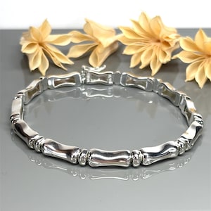 Thick Sterling Silver Curved Bar Chain Bracelet - Bamboo Link Design- 6mm width - Fits 7.75&quot; Wrist - Vintage/Pre-owned