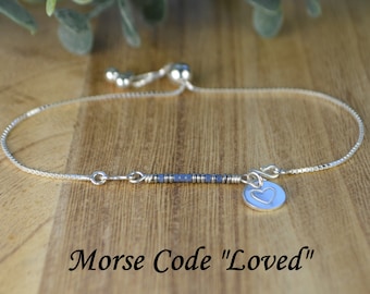 Morse Code LOVED Adjustable Sterling Silver Interchangeable Charm/Link Bolo Bracelet  -Custom Dangle-Charm, Bracelet Chain, or Both