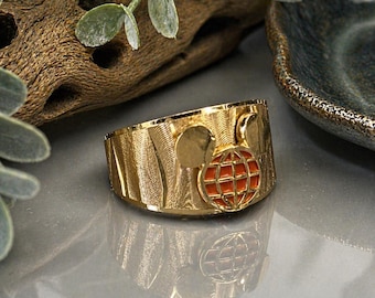 Vintage Anson Disney Mickey Mouse Ring- Orange Enamel and Gold Electroplated Wide Band Pinky Ring - Vintage/Pre-Owned- Size 3.75