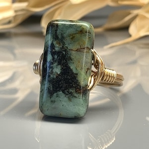 Boho Style African Turquoise Ring - Handmade Wire Wrapped Design - Custom Size - Silver, Gold Filled