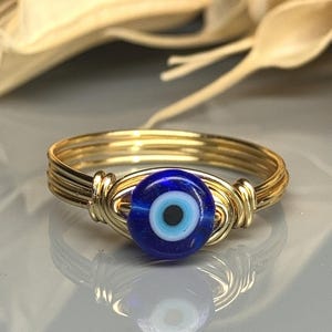 Blue Evil Eye Ring - Sterling Silver, 14k Yellow, or Rose Gold Filled Wire - Sizes 4-14