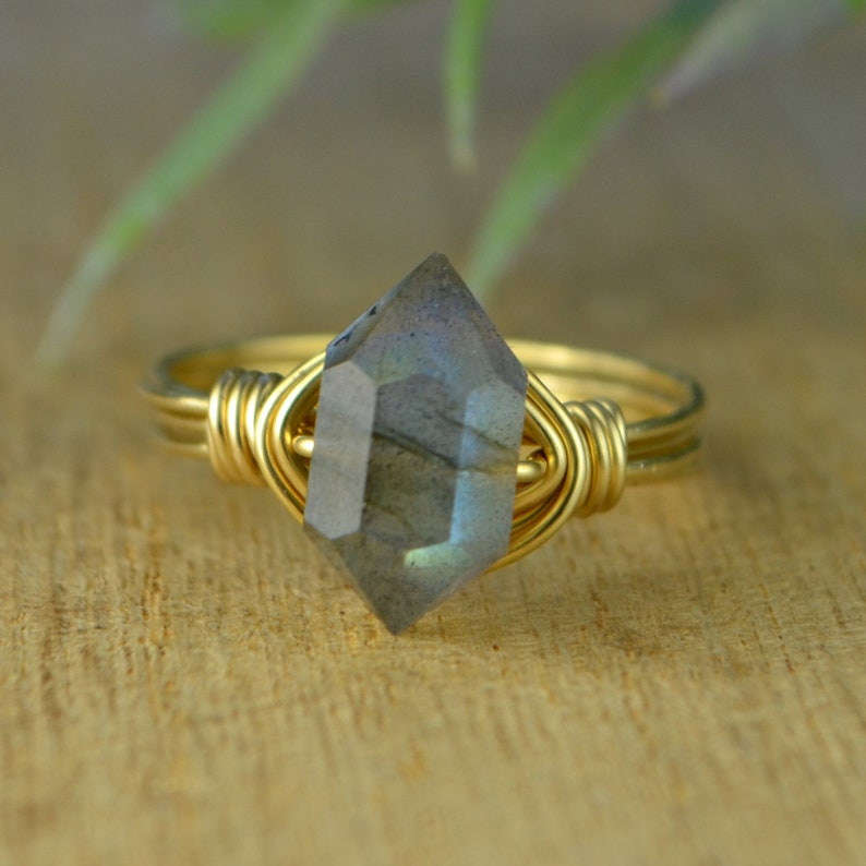 Size 4 5 6 7 8 9 10 11 12 13 14 Double Terminated Labradorite Gemstone Ring-Sterling Silver Yellow Rose Gold Filled Wire Wrapped