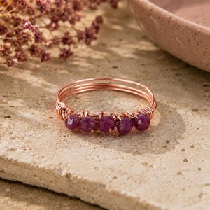 Ruby Stackable Ring: Sterling Silver or Gold Filled Wire Wrapped Tiny Faceted Gemstones- Custom Size Rose gold