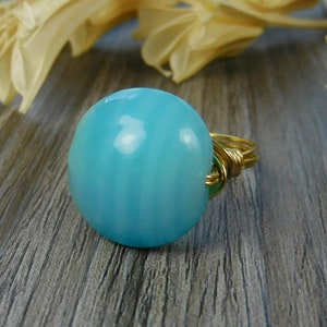 Turquoise Blue Lampwork Glass Sterling Silver, Yellow or Rose Gold Filled Wire Wrapped Ring- Size 4 5 6 7 8 9 10 11 12 13 14