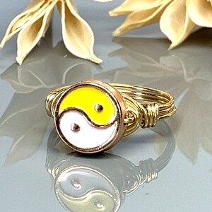 Yellow Yin Yang Wrap Ring- Sterling Silver, Yellow or Rose Gold Filled Wire & Gold Tone Zinc Alloy Bead -Size 4 5 6 7 8 9 10 11 12 13 14