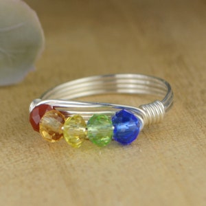 Rainbow Crystal Ring LBGT Pride Gift - Customizable Size in Sterling Silver, Yellow or Rose Gold Filled Wire