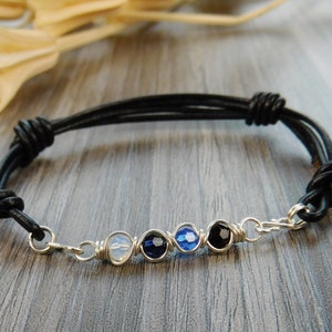 Any 3-5 Crystal Birthstones Mother&#39;s Adjustable Leather Interchangeable Charm/Link Bolo Bracelet-Handmade