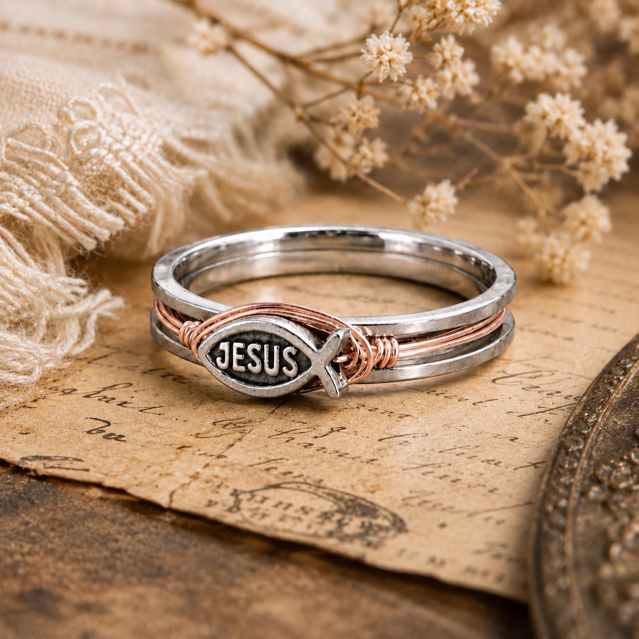 Christian Fish Jesus Message Fidget Spinner Ring: Stainless Steel