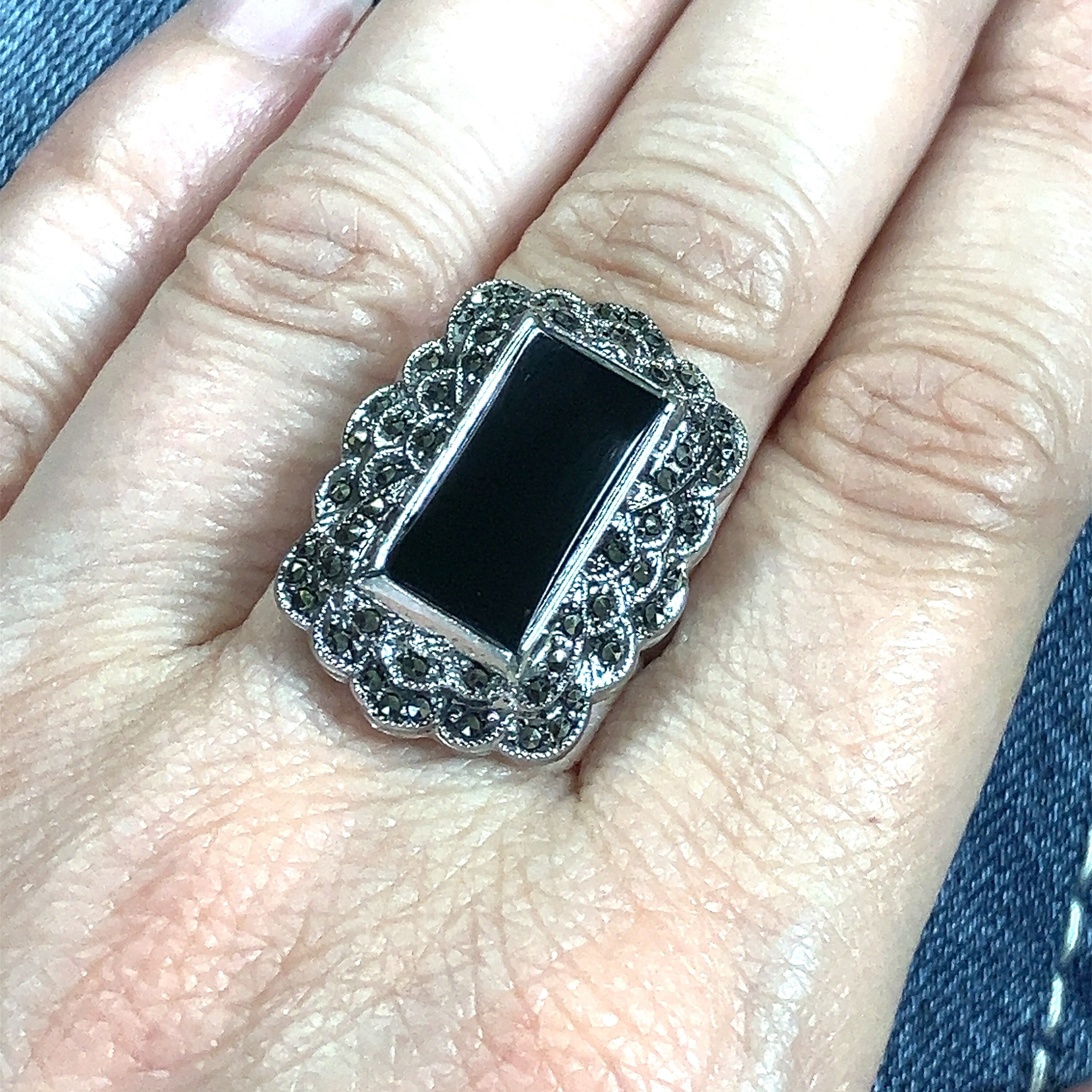 Elongated Rectangular Black Onyx and Marcasite Sterling