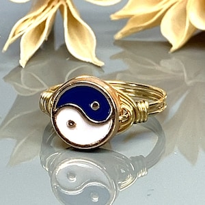 Dark Blue Yin Yang Wrap Ring- Sterling Silver, Yellow or Rose Gold Filled Wire & Gold Tone Zinc Alloy Bead -Size 4 5 6 7 8 9 10 11 12 13 14
