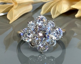 Stunning Round CZ Floral Cluster Sterling Silver Engagement Ring- Cubic Zirconia Promise Ring - Size 10